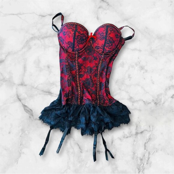 Red & Black Corset-Style Bustier w/ Lace & Ruffle Hem - Picture 1 of 8